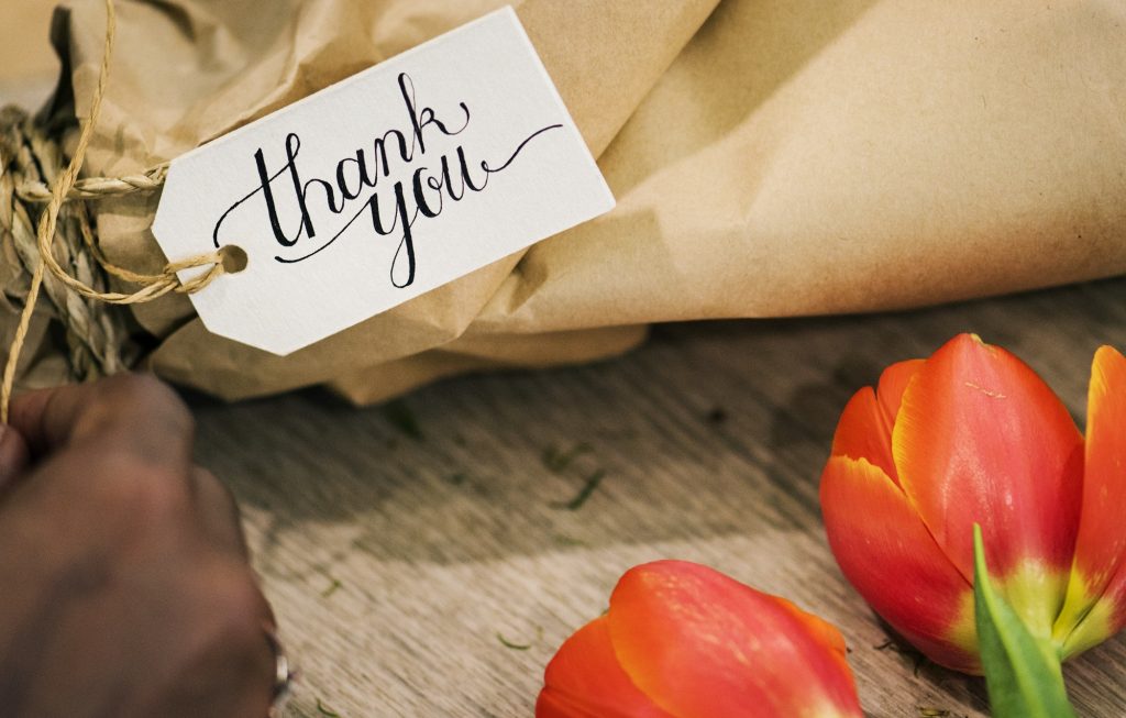 Closeup of thank you flower bouquet